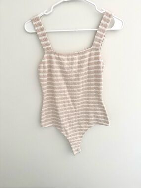 Le Lis Beige & White Striped Women One-Piece Bodysuit